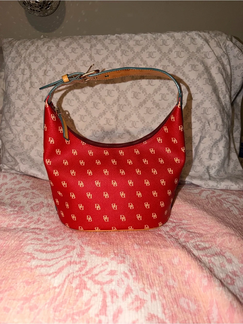 Dooney & Bourke Red Logo Shoulder Hobo with Tan Trim